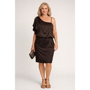 Jessica Simpson‎ One Shoulder Ruffle Dress Coffee Black Satin Size 14